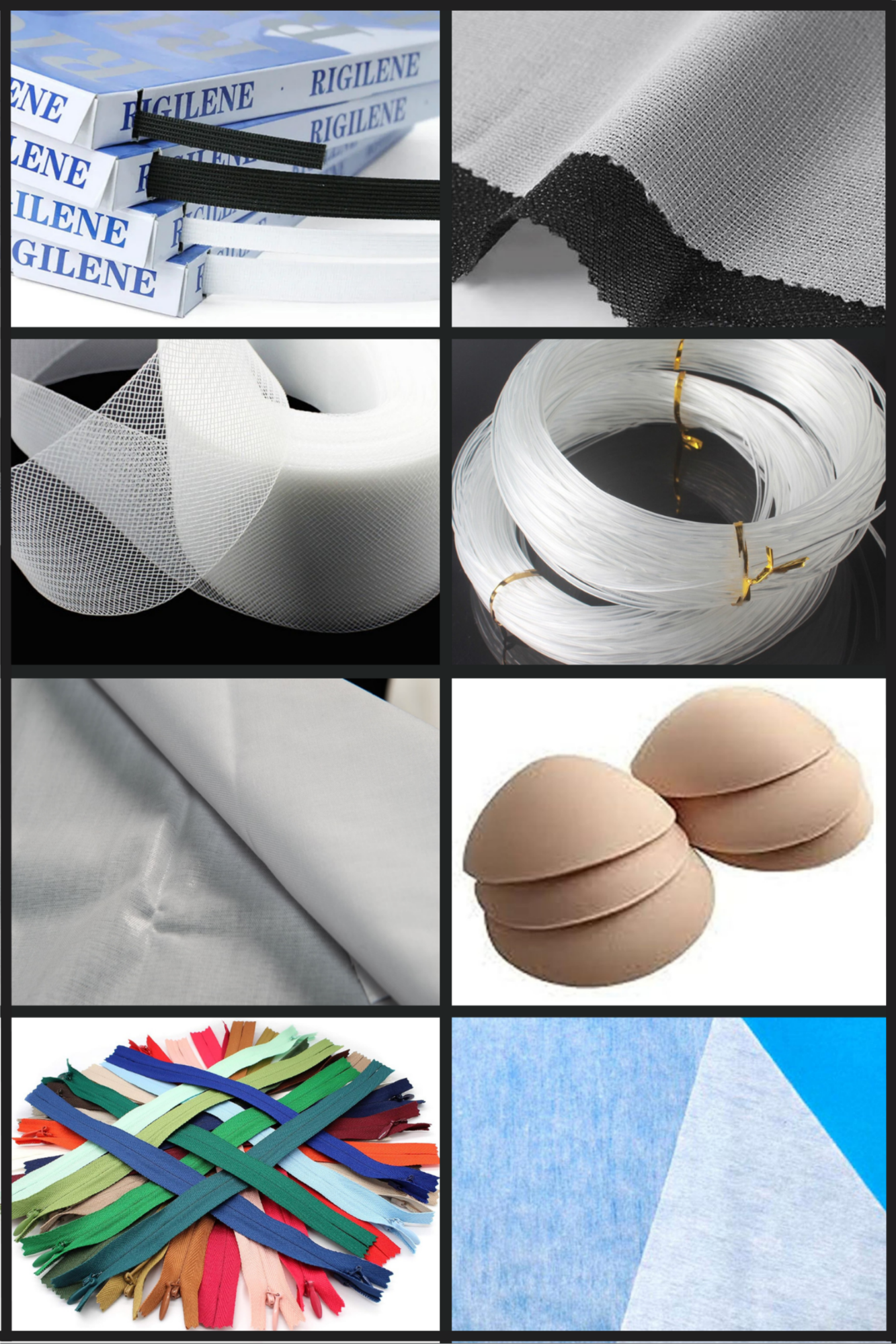 Collage of tailoring materials – fusing, canvas, cups, boning, fishing wire, horsehair braid, zips